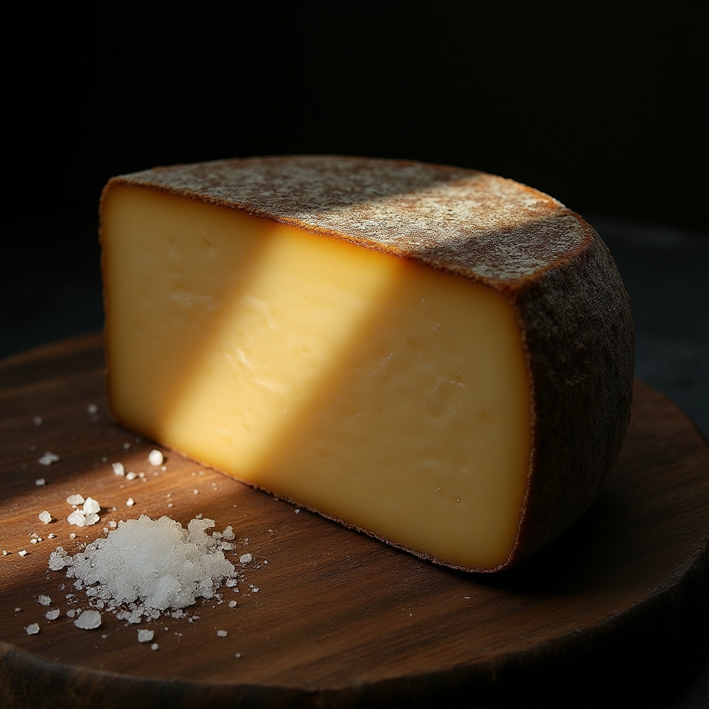 Queso curado artesanal con corteza natural sobre tabla rústica